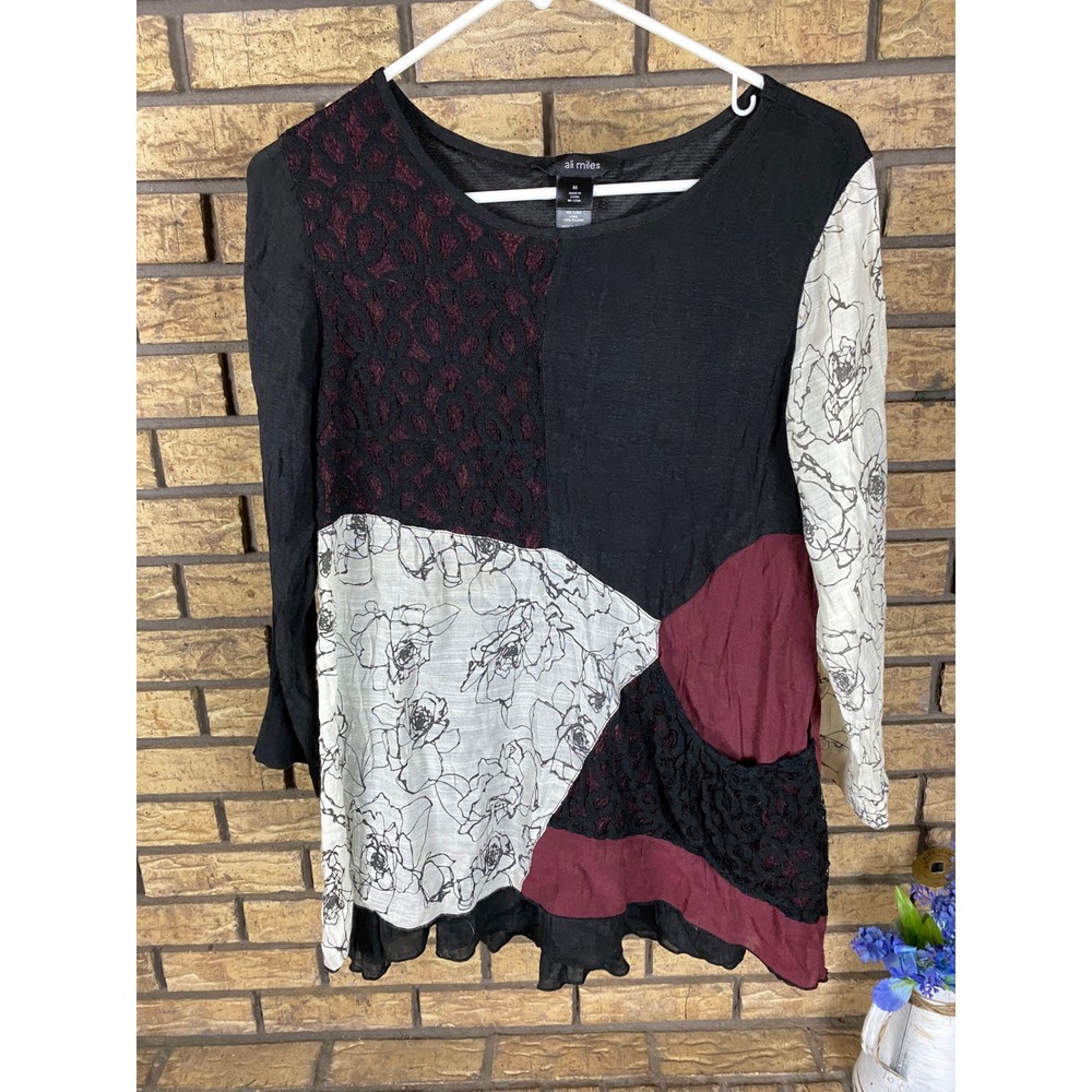 Ali‎ Miles Patchwork Floral Tunic Top M Black Red Cream Long Sleeve Artsy